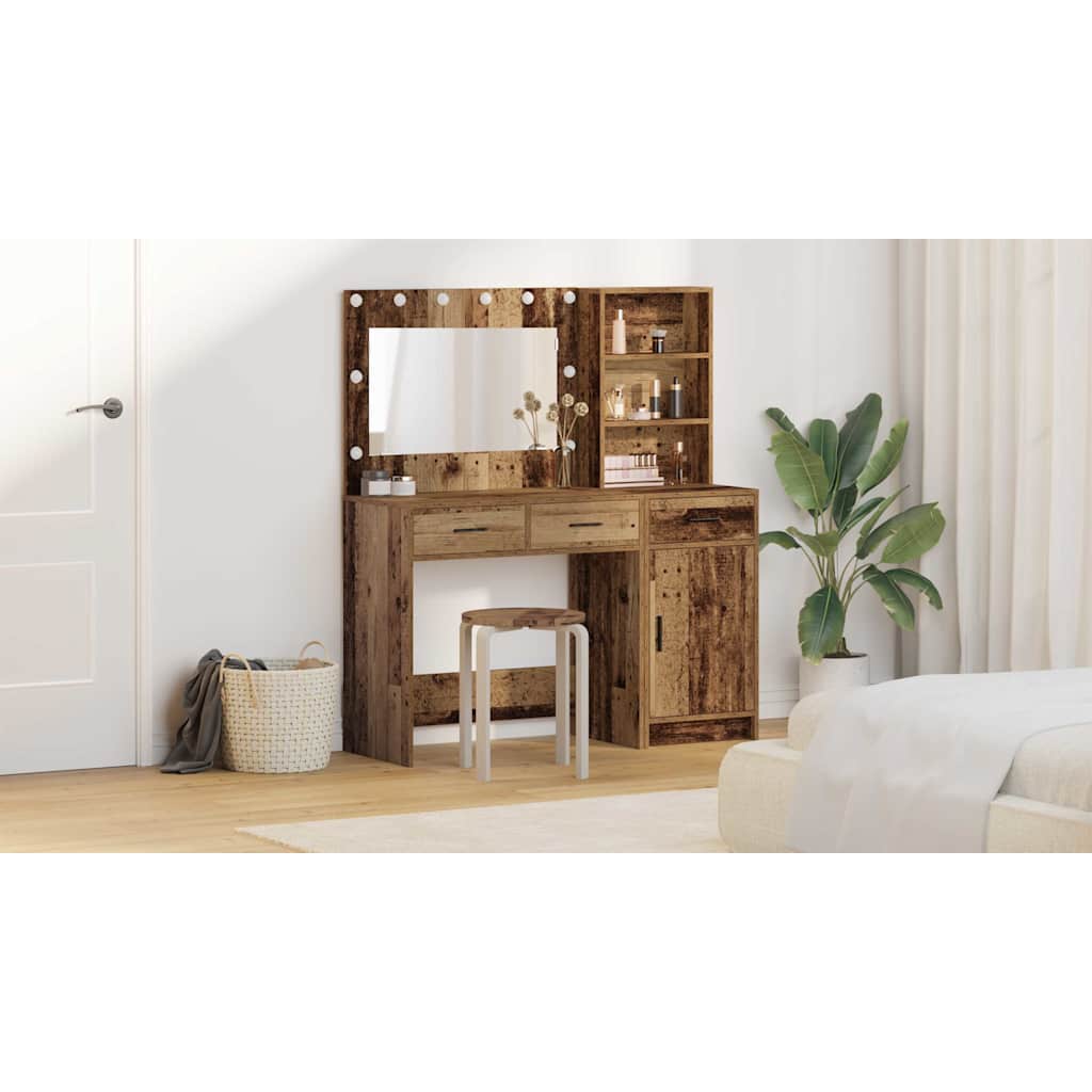 Dressing Table with Mirror Lights 2 pcs Brown Engineered Wood