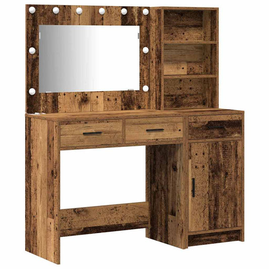 Dressing Table with Mirror Lights 2 pcs Brown Engineered Wood