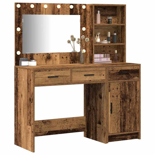 Dressing Table with Mirror Lights 2 pcs Brown Engineered Wood