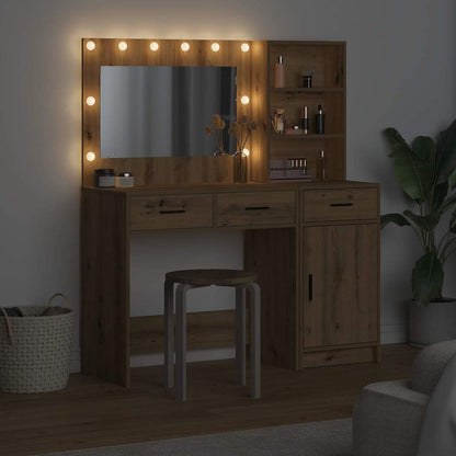 Dressing Table with Mirror Lights 2 pcs Brown Engineered Wood