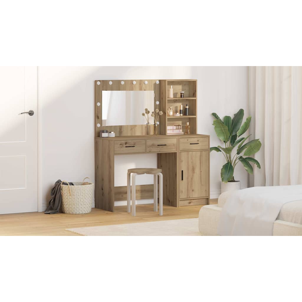 Dressing Table with Mirror Lights 2 pcs Brown Engineered Wood