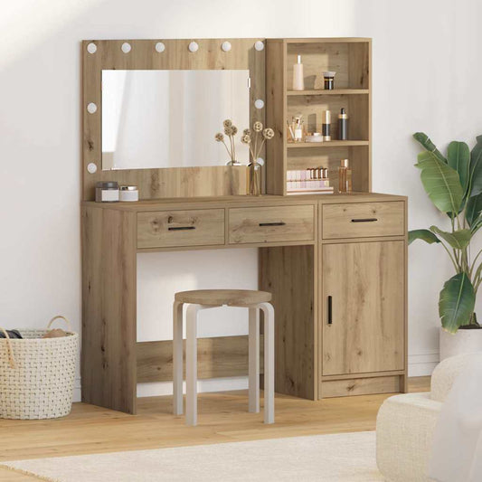 Dressing Table with Mirror Lights 2 pcs Brown Engineered Wood
