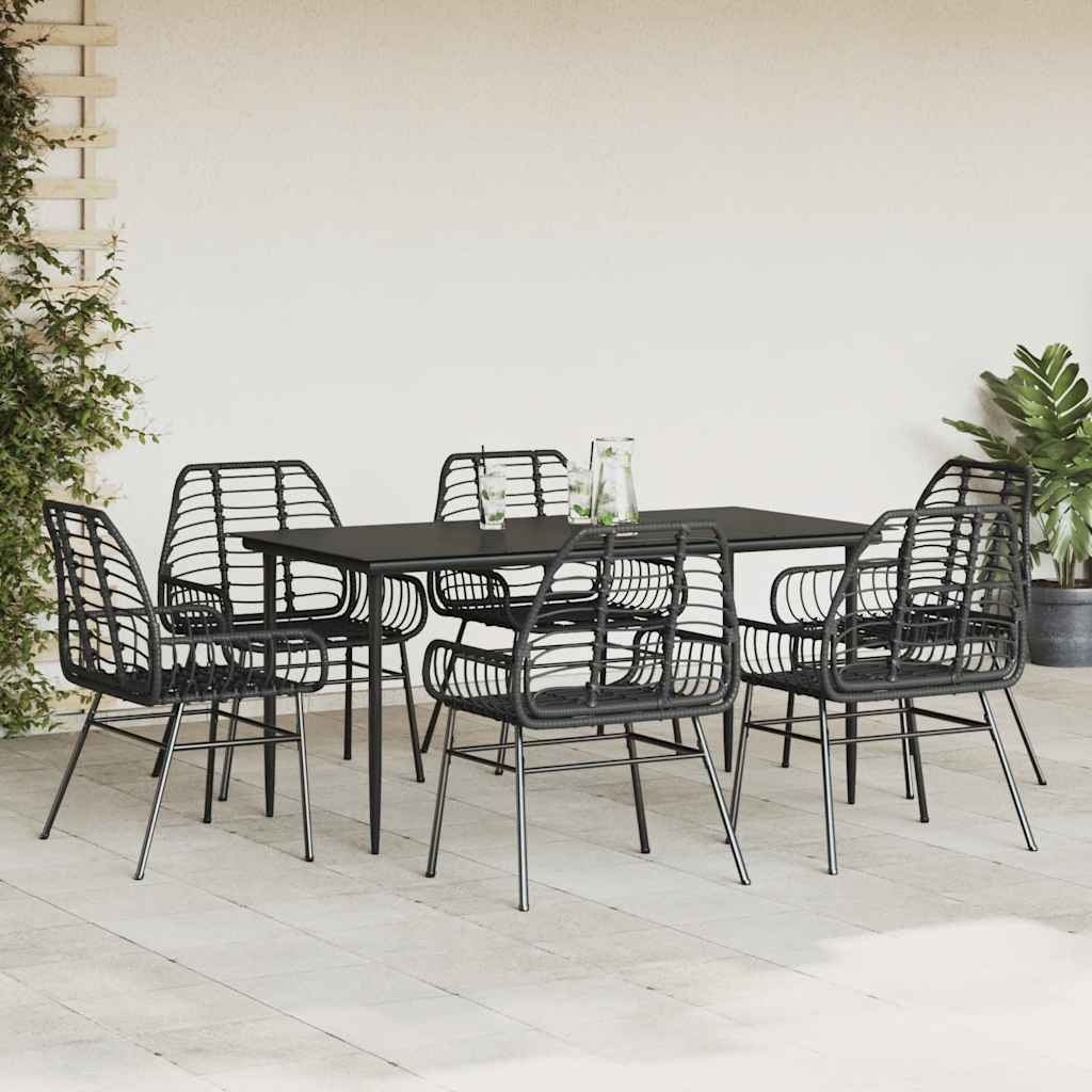 7 Piece Garden Dining Set Black Poly Rattan Glass
