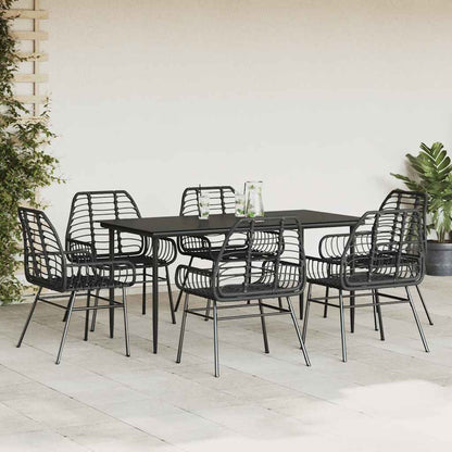 7 Piece Garden Dining Set Black Poly Rattan Glass