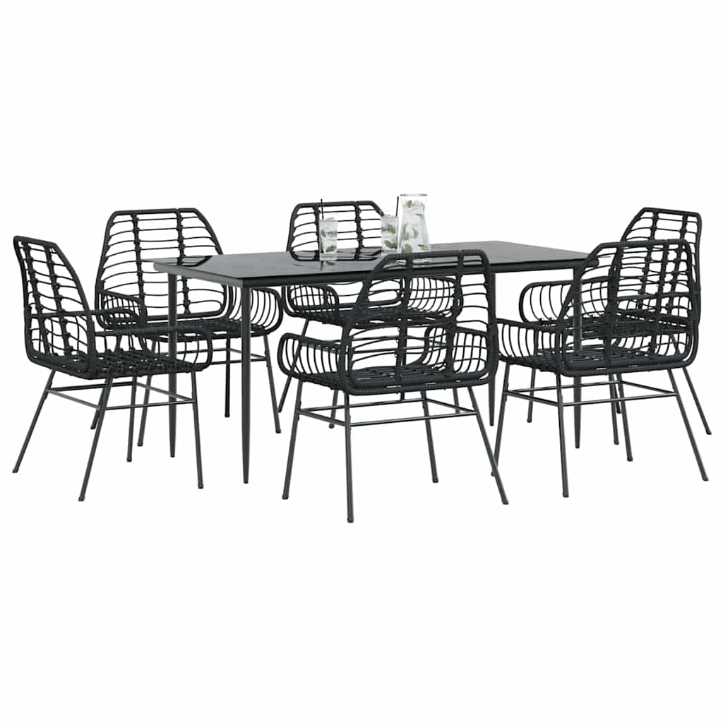 7 Piece Garden Dining Set Black Poly Rattan Glass