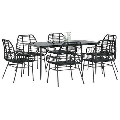 7 Piece Garden Dining Set Black Poly Rattan Glass