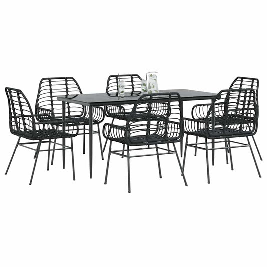 7 Piece Garden Dining Set Black Poly Rattan Glass