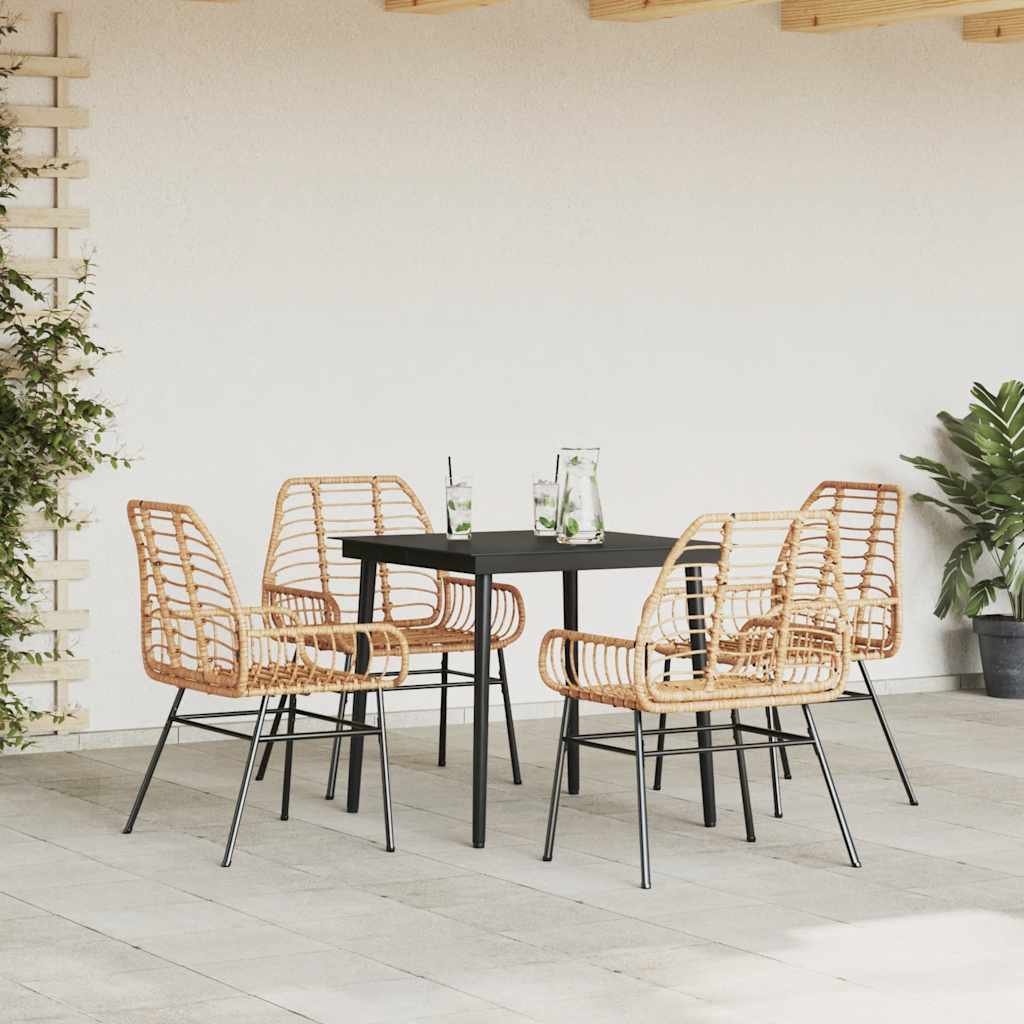 5 Piece Garden Dining Set Brown Poly Rattan Glass