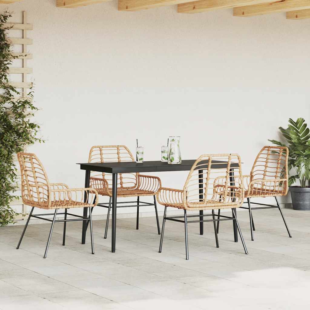 5 Piece Garden Dining Set Brown Poly Rattan Glass