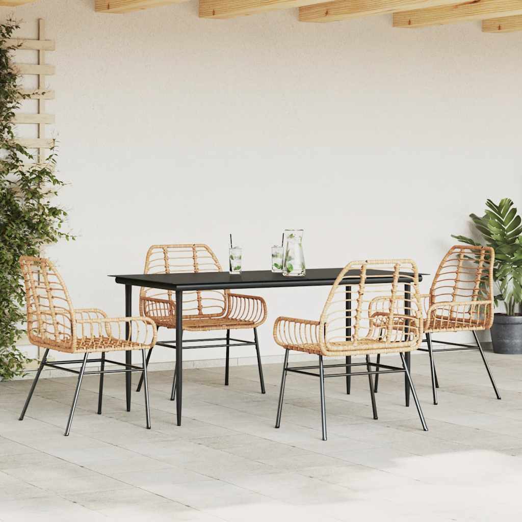 5 Piece Garden Dining Set Brown Poly Rattan Glass