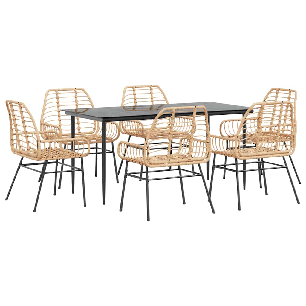 7 Piece Garden Dining Set Brown Poly Rattan Glass