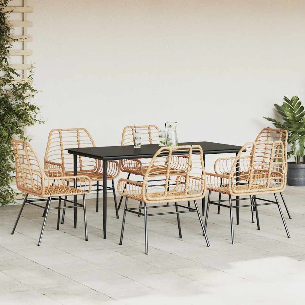7 Piece Garden Dining Set Brown Poly Rattan Glass