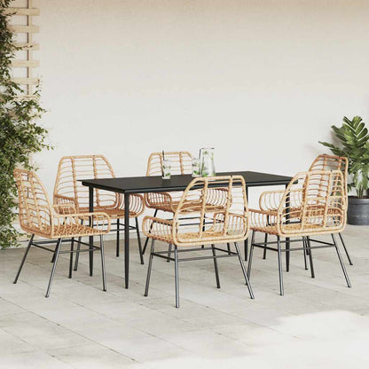7 Piece Garden Dining Set Brown Poly Rattan Glass