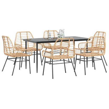 7 Piece Garden Dining Set Brown Poly Rattan Glass