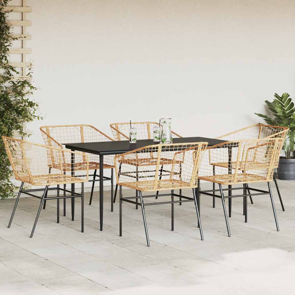 7 Piece Garden Dining Set Brown Poly Rattan Glass