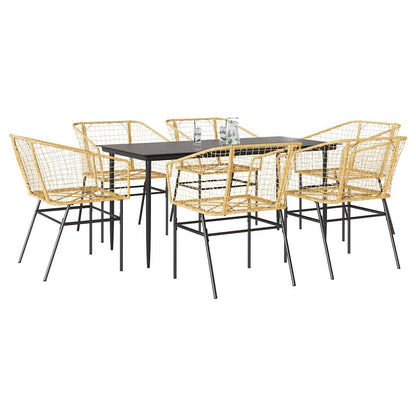 7 Piece Garden Dining Set Brown Poly Rattan Glass
