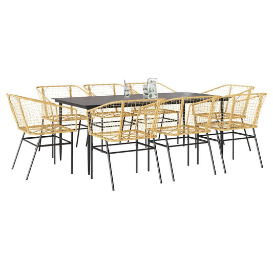 9 Piece Garden Dining Set Brown Poly Rattan Glass