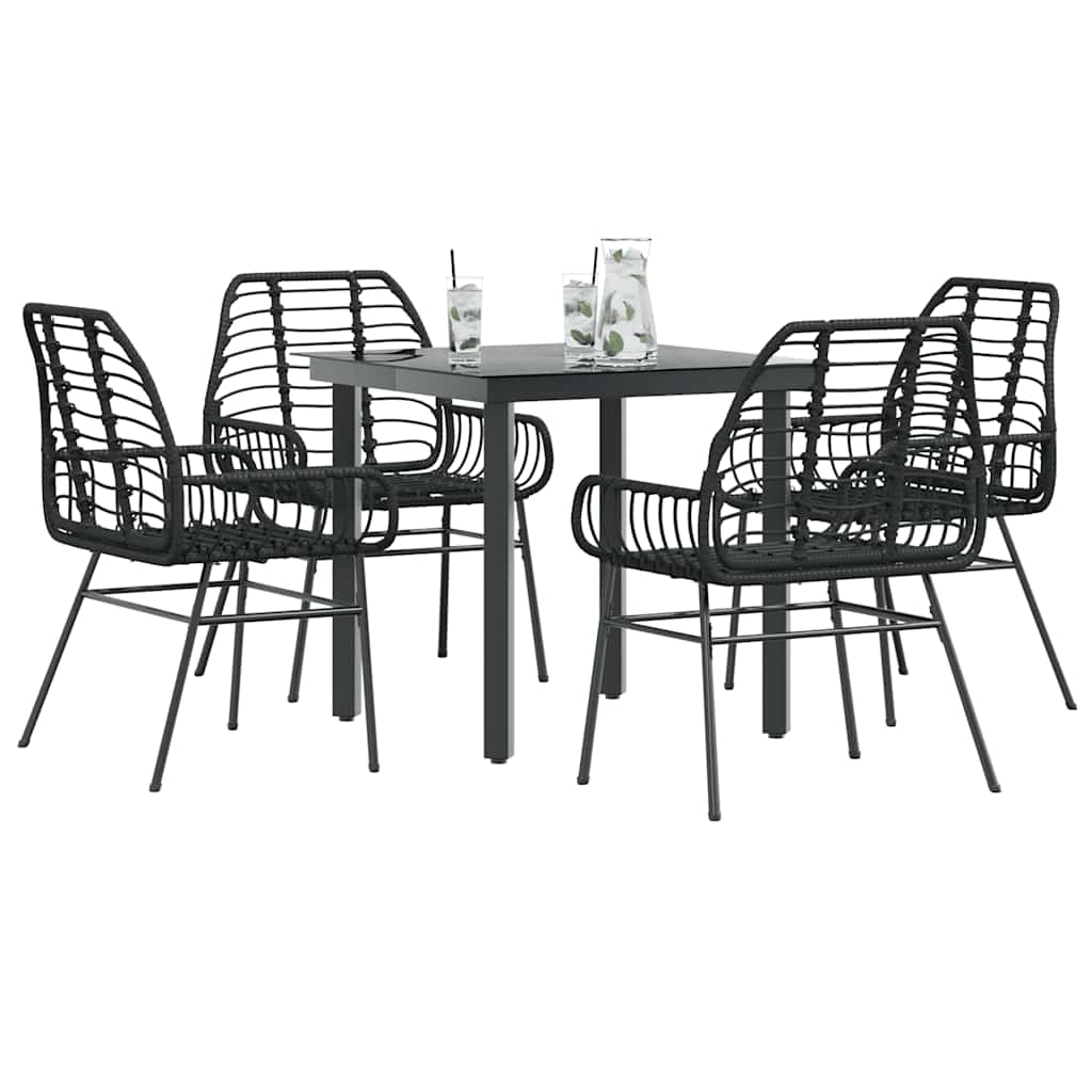 5 Piece Garden Dining Set Black Poly Rattan Glass