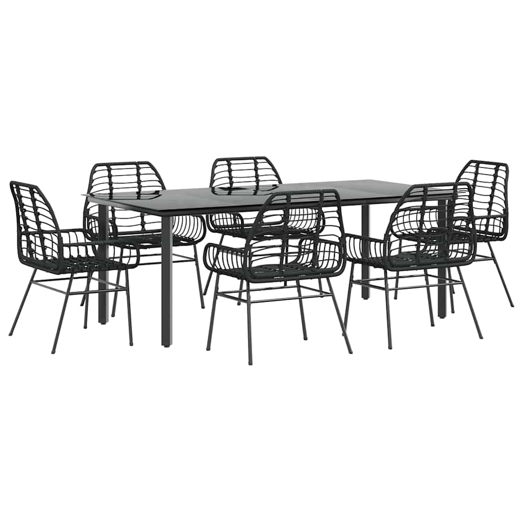 7 Piece Garden Dining Set Black Poly Rattan Glass