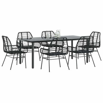7 Piece Garden Dining Set Black Poly Rattan Glass