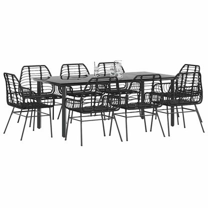 9 Piece Garden Dining Set Black Poly Rattan Glass