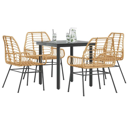 5 Piece Garden Dining Set Brown Poly Rattan Glass