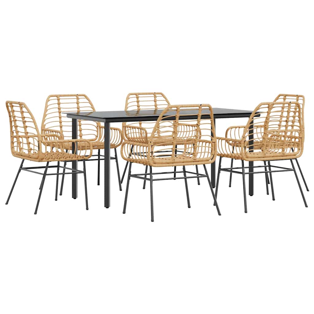 7 Piece Garden Dining Set Brown Poly Rattan Glass