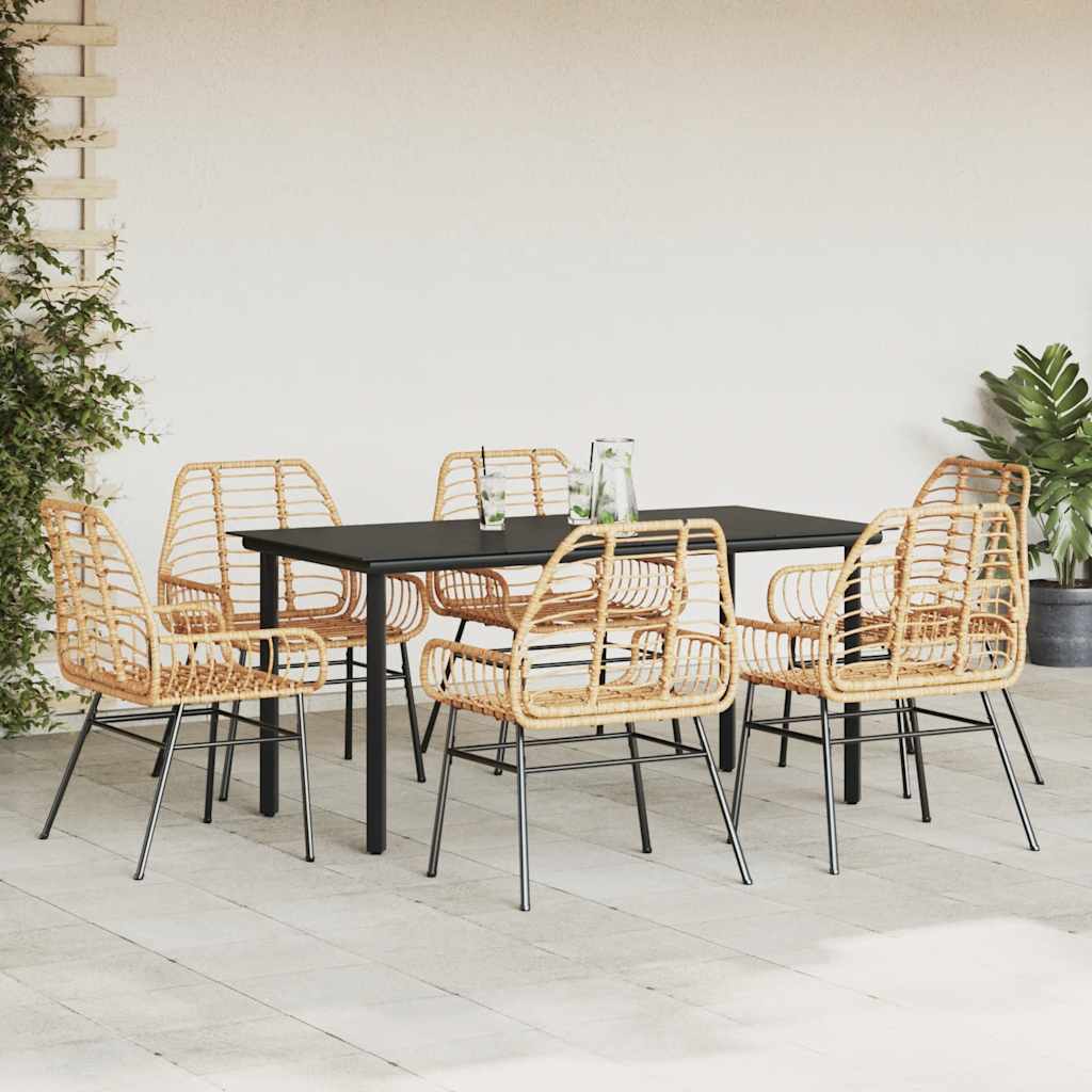 7 Piece Garden Dining Set Brown Poly Rattan Glass