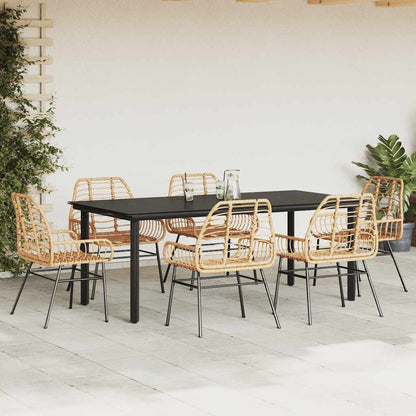7 Piece Garden Dining Set Brown Poly Rattan Glass