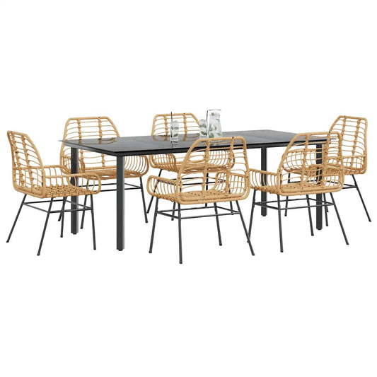 7 Piece Garden Dining Set Brown Poly Rattan Glass