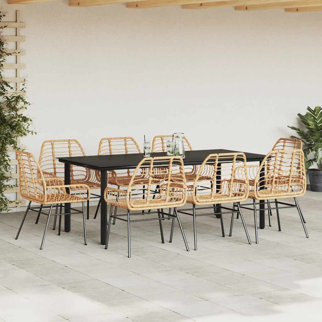9 Piece Garden Dining Set Brown Poly Rattan Glass