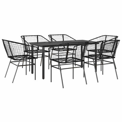 7 Piece Garden Dining Set Black Poly Rattan Glass