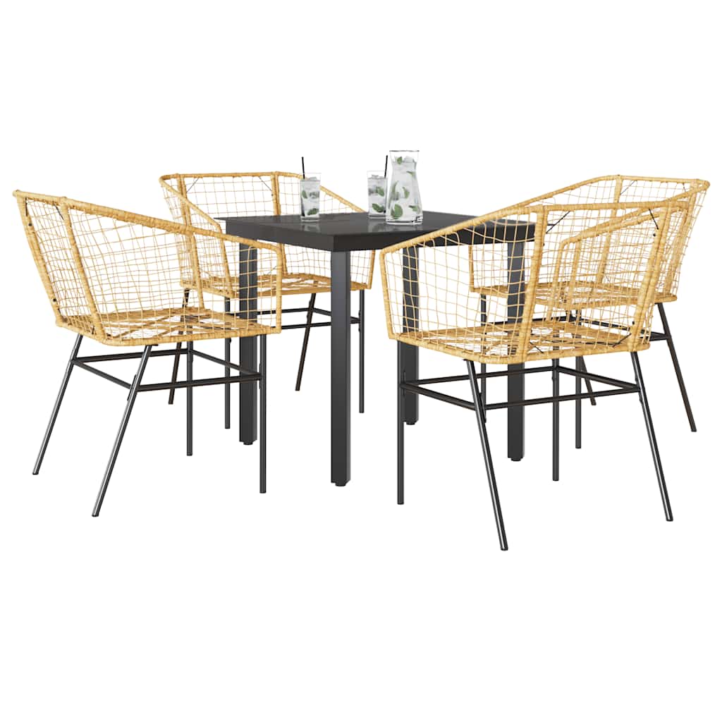 5 Piece Garden Dining Set Brown Poly Rattan Glass