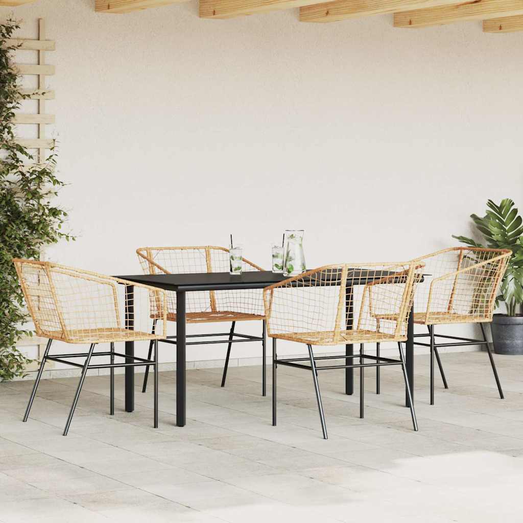 5 Piece Garden Dining Set Brown Poly Rattan Glass