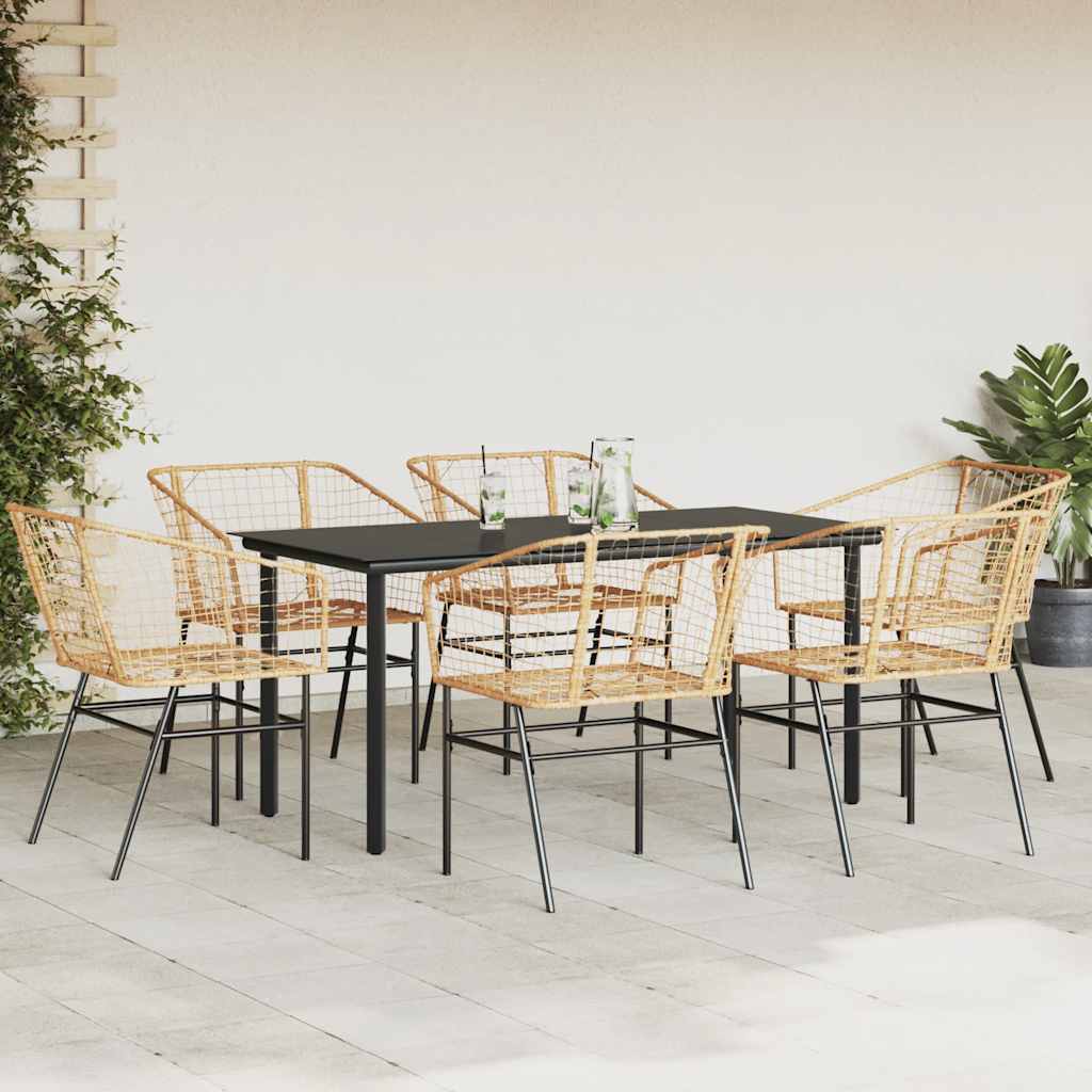 7 Piece Garden Dining Set Brown Poly Rattan Glass