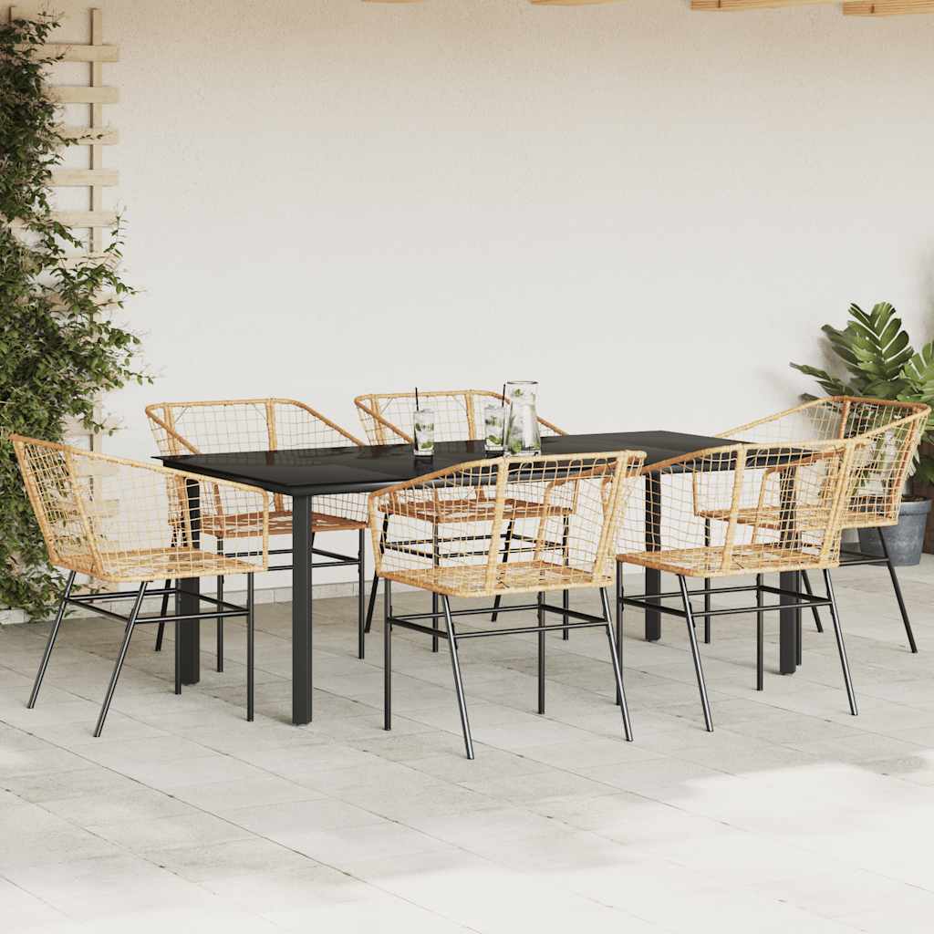 7 Piece Garden Dining Set Brown Poly Rattan Glass