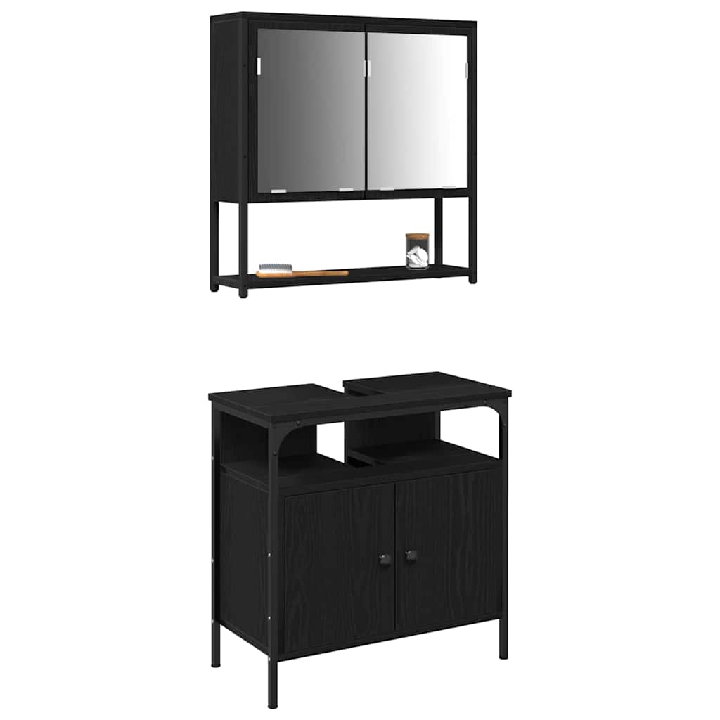 Bathroom Furniture Set with Shelf 2 pcs Black Engineered wood