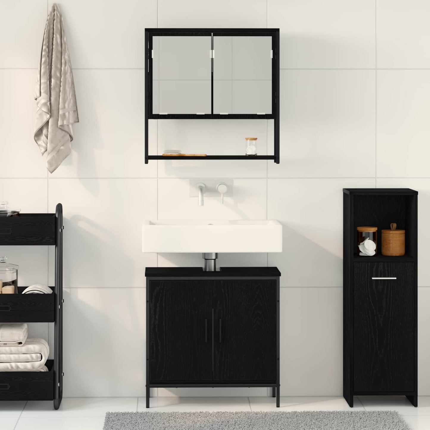 Bathroom Furniture Set with Shelf 2 pcs Black Engineered wood