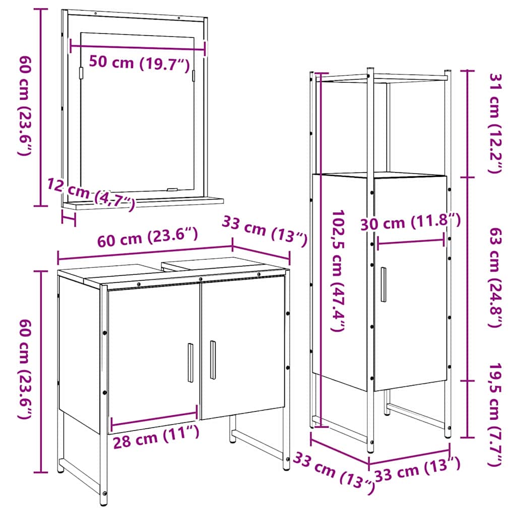 Bathroom Furniture Set with Shelf 3 pcs Brown Engineered wood