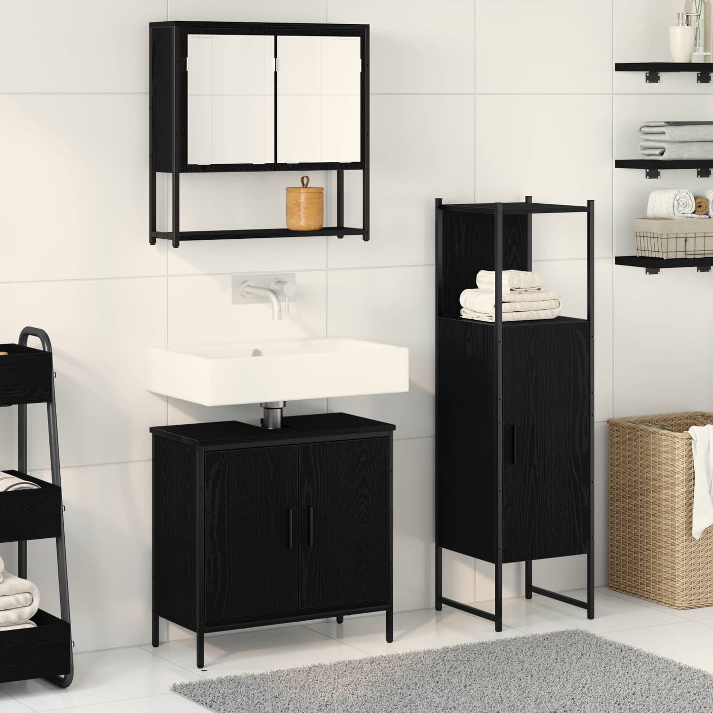 Bathroom Furniture Set with Shelf 3 pcs Black Engineered wood