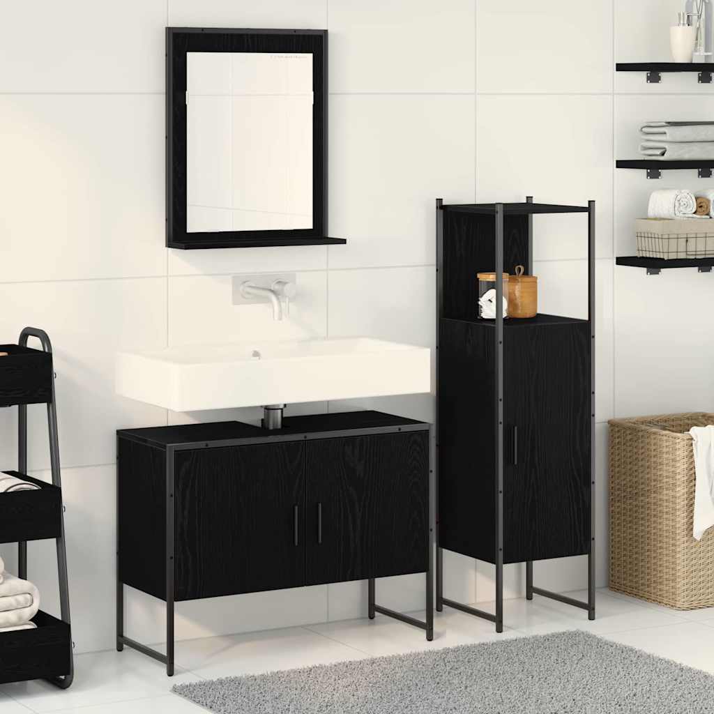 Bathroom Furniture Set with Shelf 3 pcs Black Engineered wood