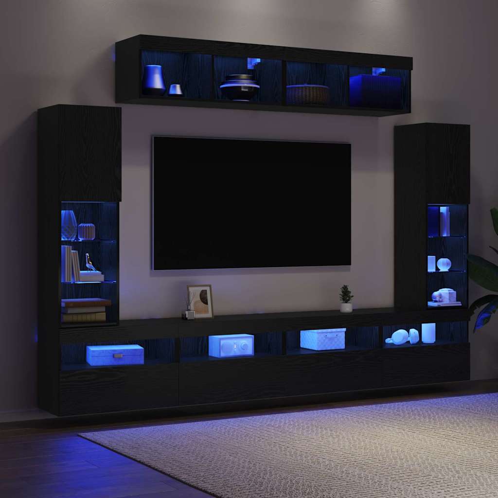 TV Cabinet Set Wall-mounted 6 pcs Black oak Engineered wood