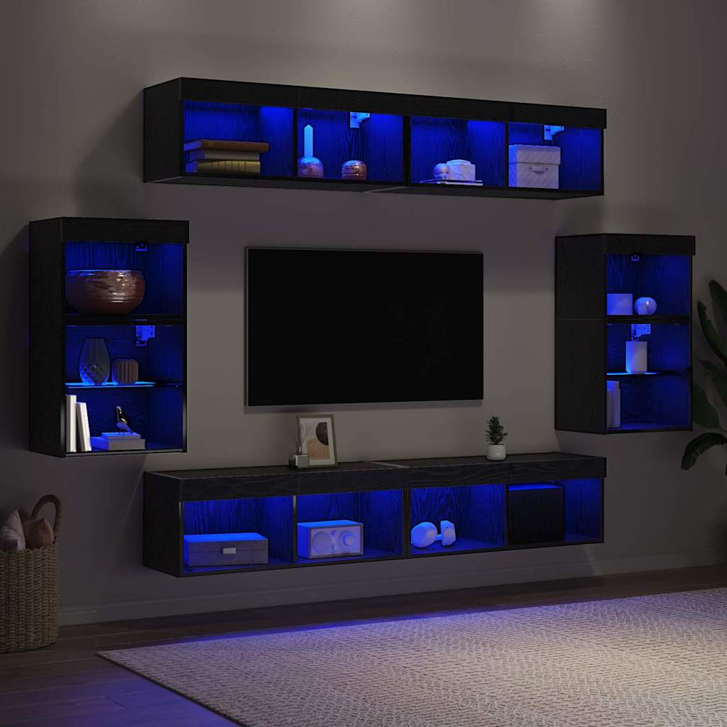 TV Cabinet Set Wall-mounted 8 pcs Black oak Engineered wood