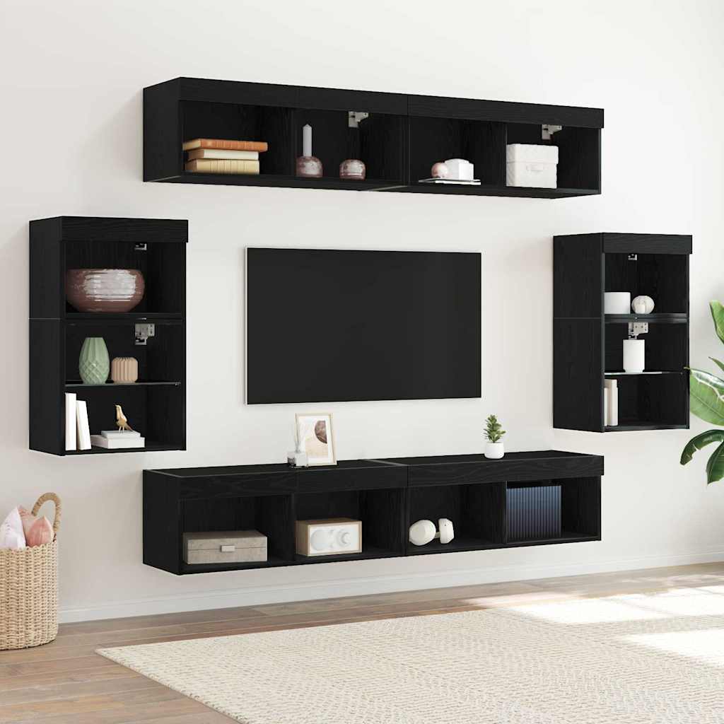 TV Cabinet Set Wall-mounted 8 pcs Black oak Engineered wood