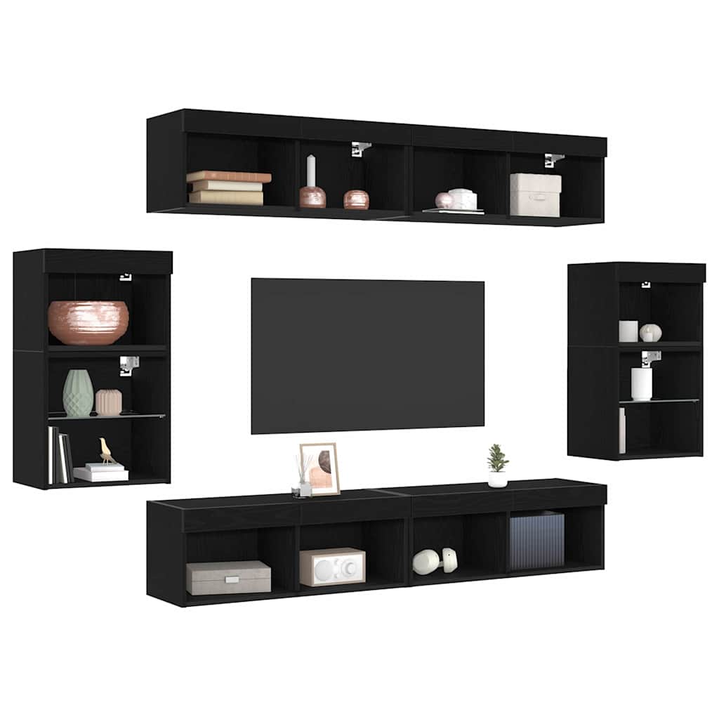 TV Cabinet Set Wall-mounted 8 pcs Black oak Engineered wood
