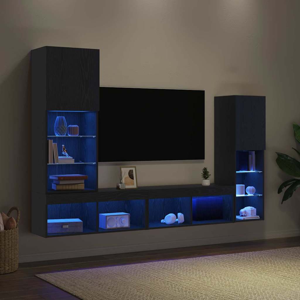 TV Cabinet 4 pcs Black oak Engineered wood