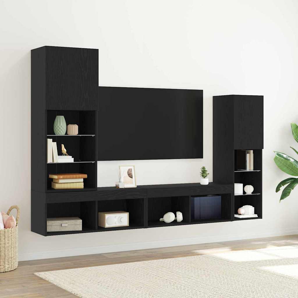 TV Cabinet 4 pcs Black oak Engineered wood