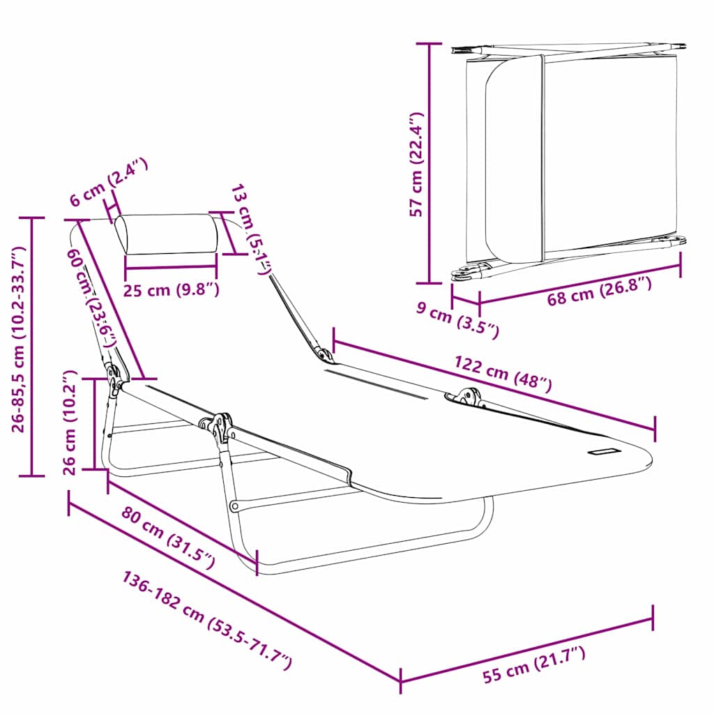 Folding Sun Lounger Folding Cream 182 x 55 x 85.5 cm Textilene