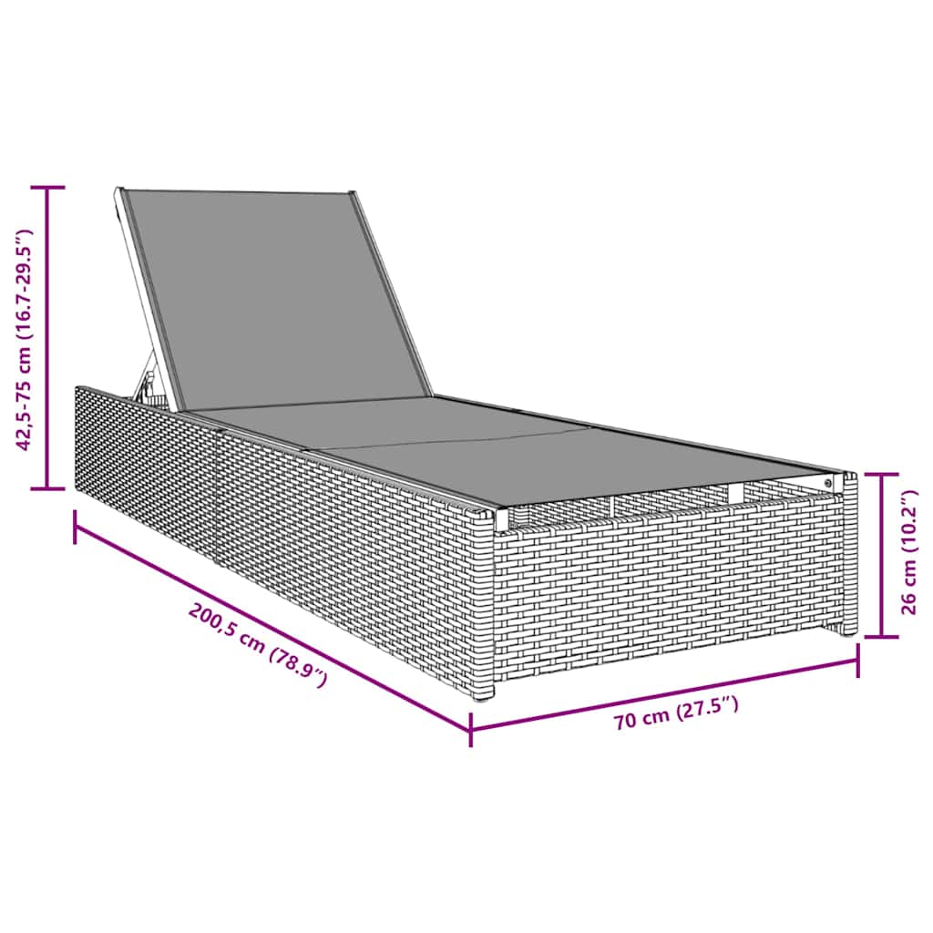 Sun Lounger Reclining Grey 200.5 x 70 x 75 cm Poly Rattan