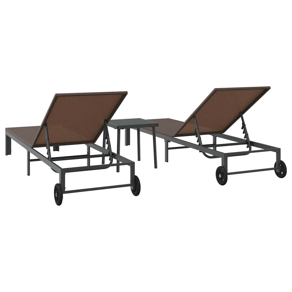 Sunbed Reclining 2-person 3 pcs Brown Poly Rattan